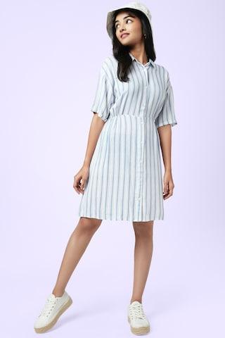 medium blue stripe regular collar casual thigh-length half sleeves women regular fit dress