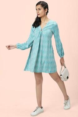 medium blue stripe v neck casual thigh-length puff sleeves women regular fit dress