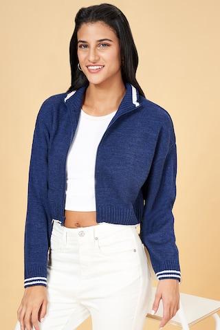 medium blue textured casual full sleeves collar neck women regular fit  sweater