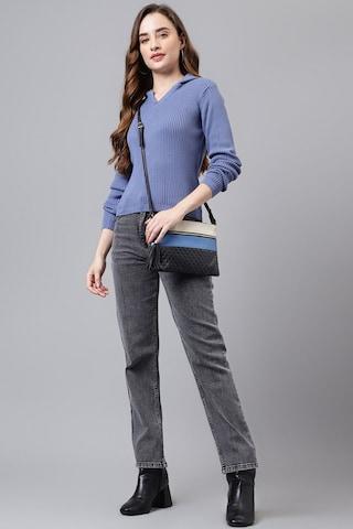 medium blue textured casual full sleeves regular hood women classic fit sweater