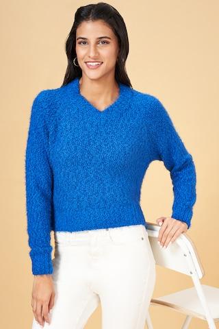 medium blue textured casual full sleeves v neck women regular fit  sweater