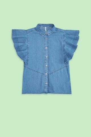 medium blue textured casual short sleeves regular collar girls regular fit top