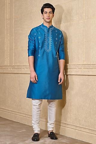 medium blue viscose blend mirror work kurta set