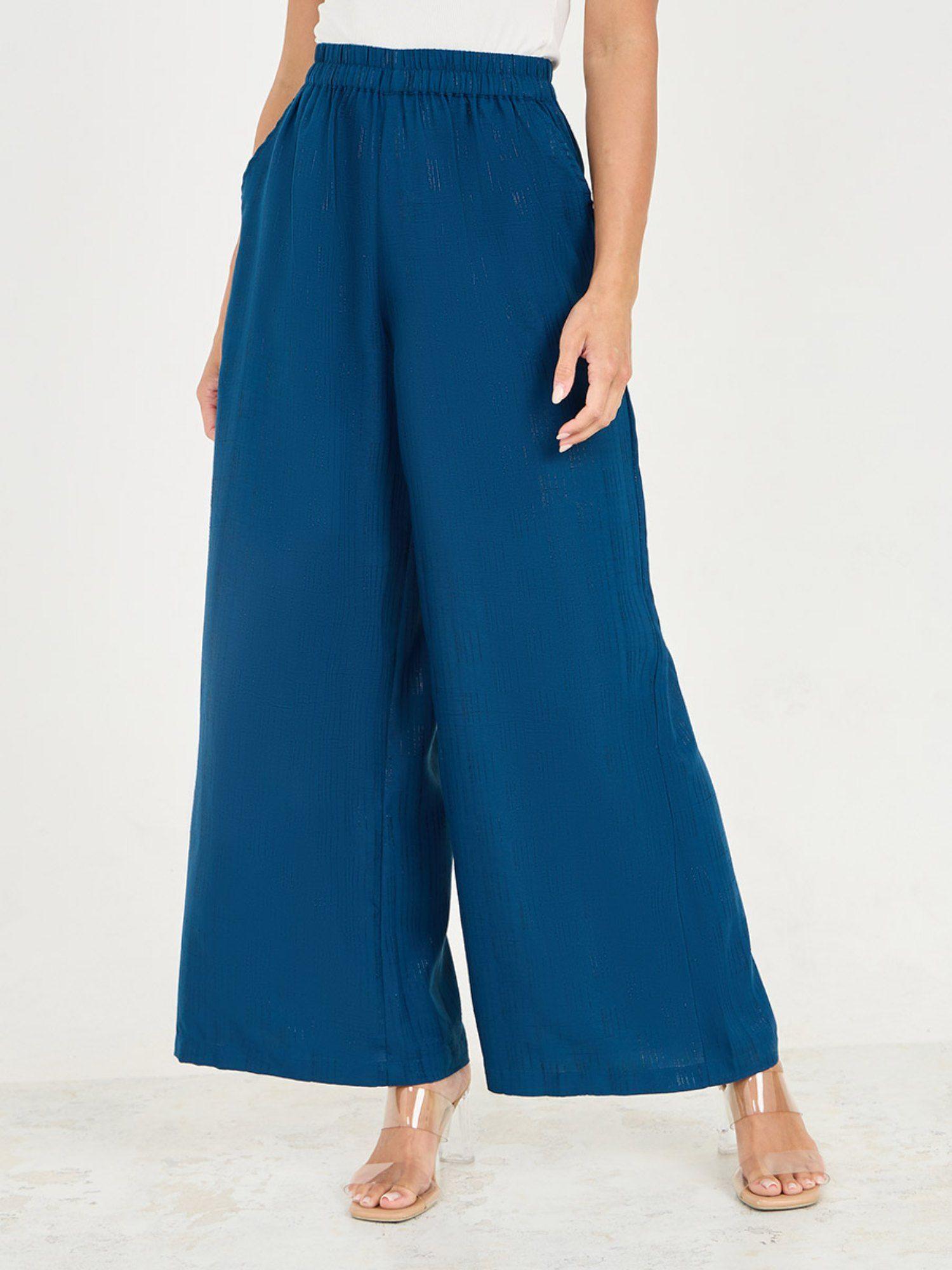 medium blue viscose rayon textured wide leg pants with pockets