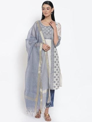 medium blue yarn dyed ethnic round neck 3/4th sleeves calf-length women regular fit kurta set