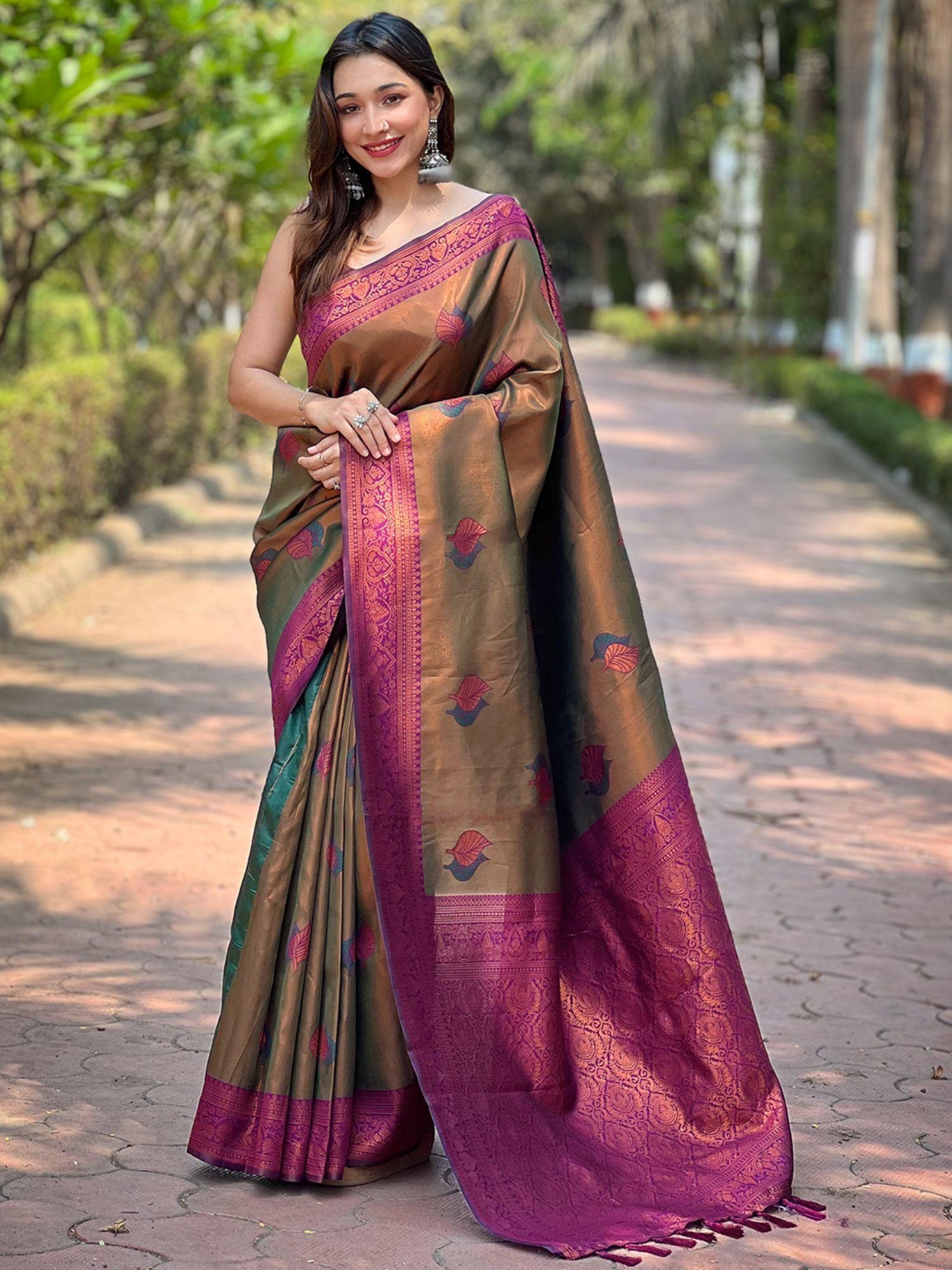 medium brown kanjivaram tissue saree with unstitched blouse