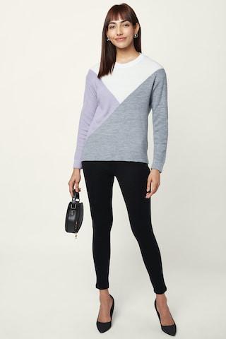 medium grey color block casual full sleeves round neck women comfort fit sweater