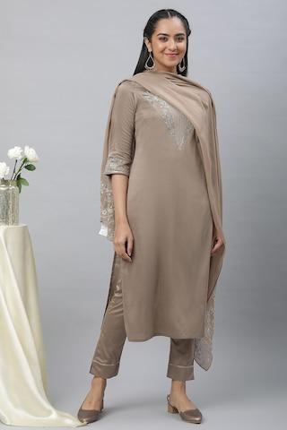 medium grey embroidered ethnic 3/4th sleeves round neck women regular fit pant kurta dupatta set