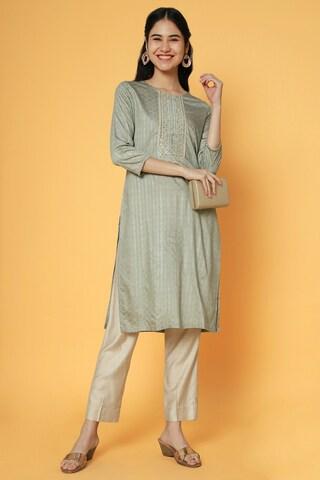 medium grey embroidered ethnic round neck 3/4th sleeves calf-length women straight fit kurta