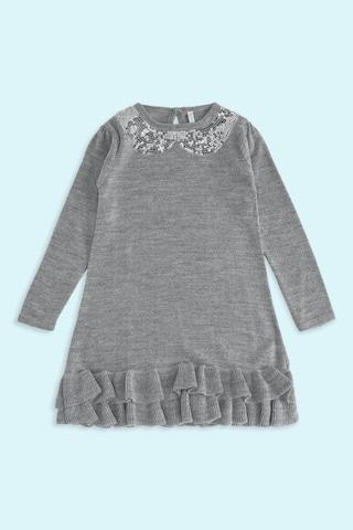 medium grey embroidered round neck winter wear knee length full sleeves girls regular fit dress