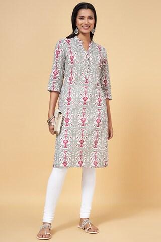 medium grey print casual mandarin 3/4th sleeves calf-length women regular fit kurta