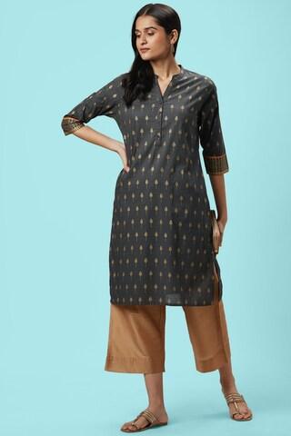 medium grey print ethnic mandarin 3/4th sleeves calf-length women regular fit kurta