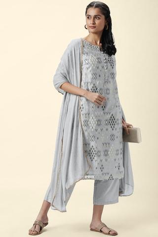 medium grey printed ethnic round neck 3/4th sleeves calf-length women regular fit kurta pant dupatta set