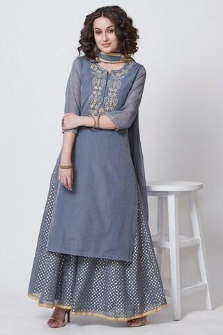 medium grey printed ethnic round neck 3/4th sleeves full length women straight fit kurta dupatta palazzo set