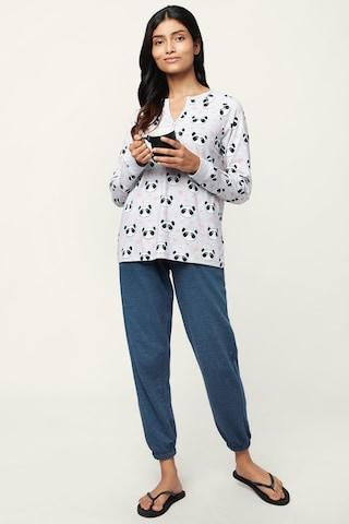 medium grey printed sleepwear full sleeves round neck women comfort fit top