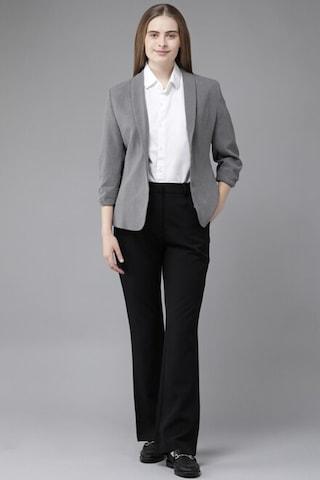 medium grey solid formal 3/4th sleeves notch lapel women regular fit blazer