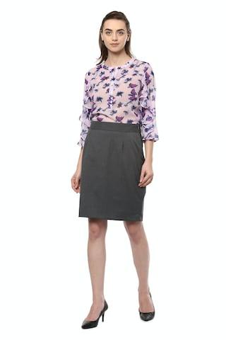 medium grey solid knee length casual women pencil fit skirt