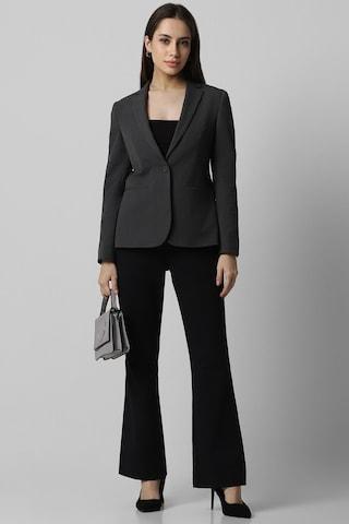 medium grey solid polyester notch lapel women regular fit blazers