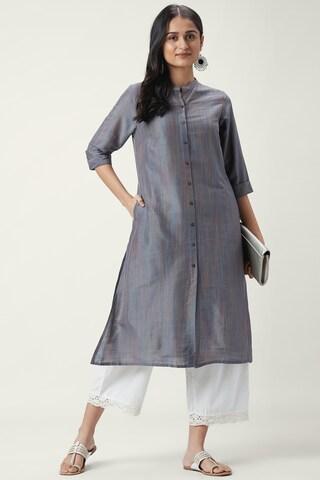 medium grey textured ethnic mandarin 3/4th sleeves calf-length women regular fit kurta