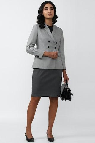 medium grey textured formal full sleeves regular collar women regular fit blazer