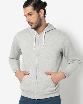 medium-length hooded sweatshirt with zip-front