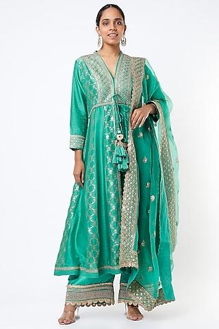 medium turquoise embroidered anarkali set