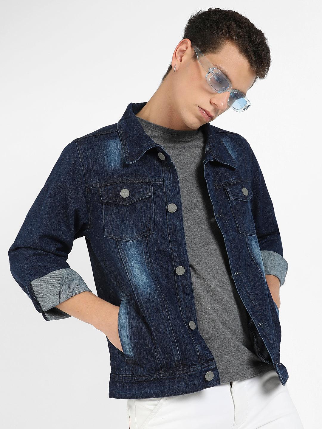 medium-wash denim jacket with patch pocket