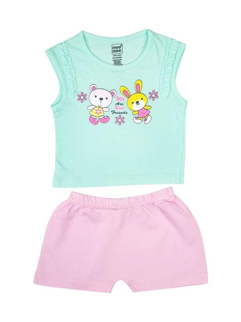 mee mee kids green & pink printed top with shorts