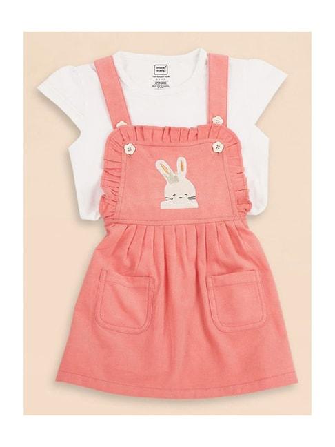 mee mee kids white & pink embroidered dungaree set
