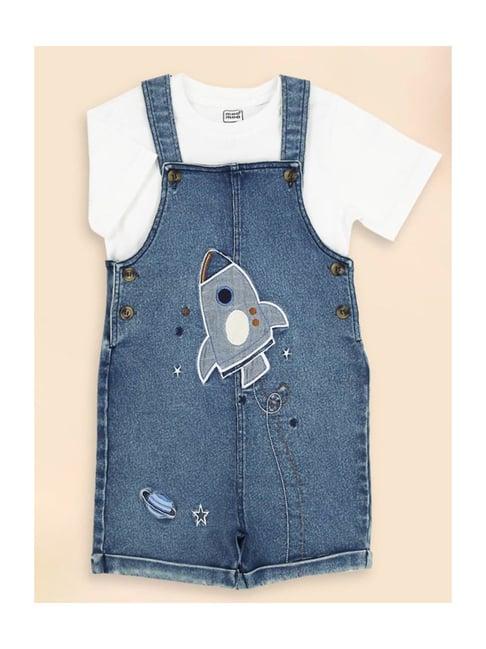 mee mee kids blue & white applique dungaree set