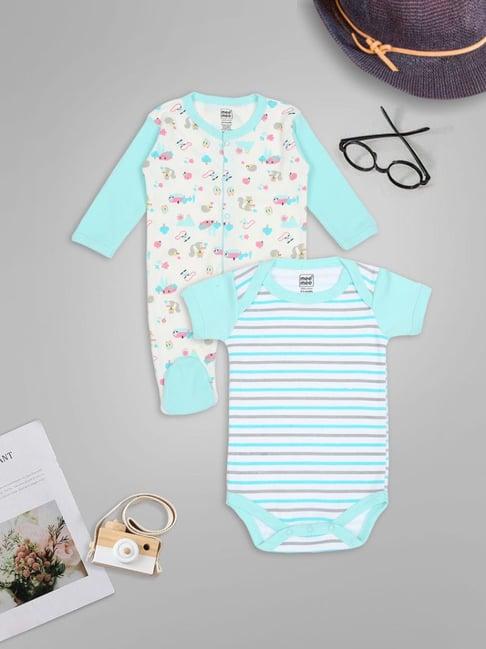 mee mee kids cream & blue printed full sleeves bodysuit with romper