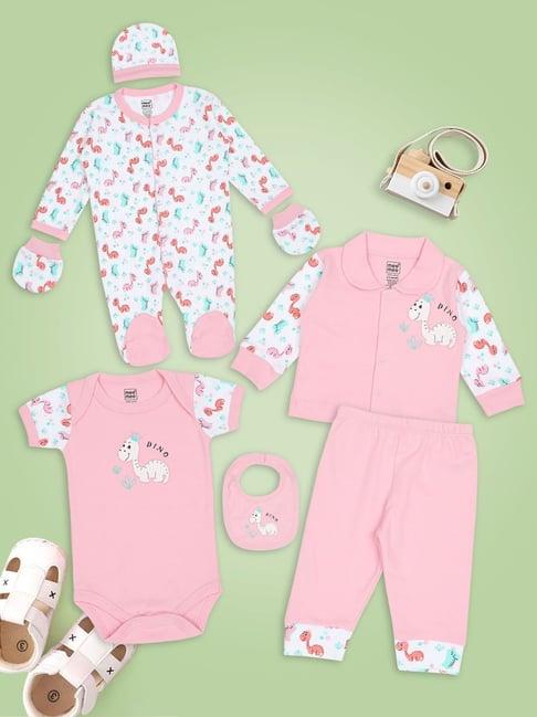 mee mee kids light pink & white printed bodysuit, romper, shirt, joggers, bib, mittens with cap