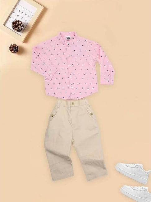 mee mee kids pink & khaki printed full sleeves shirt with trousers