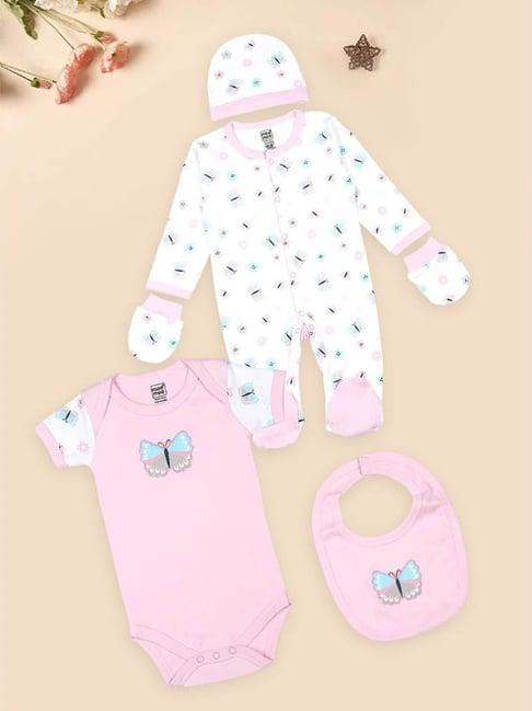 mee mee kids pink & white printed full sleeves romper, bodysuit, cap, mittens with bib