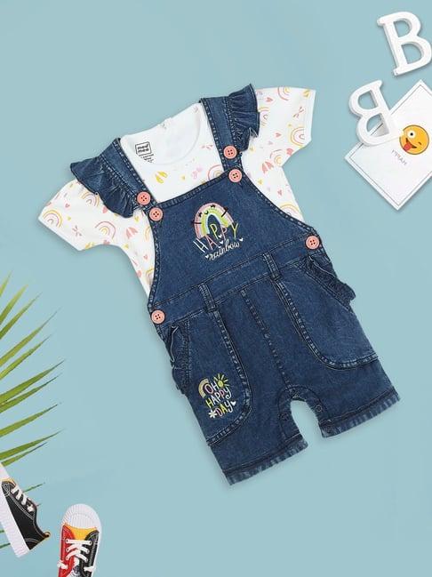 mee mee kids white & indigo embroidered top with romper