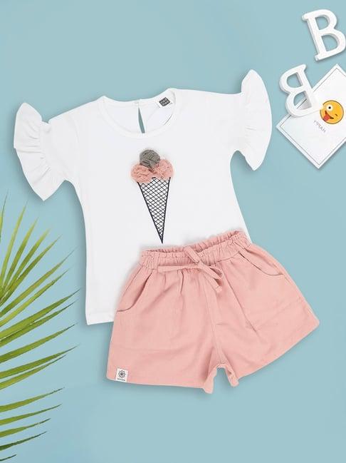 mee mee kids white & pink cotton applique top set