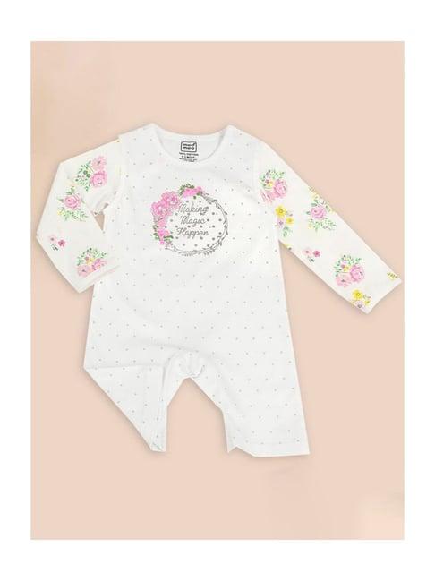 mee mee kids white & pink cotton floral print full sleeves romper set