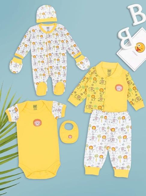 mee mee kids yellow & white printed bodysuit, romper, shirt, joggers with bib