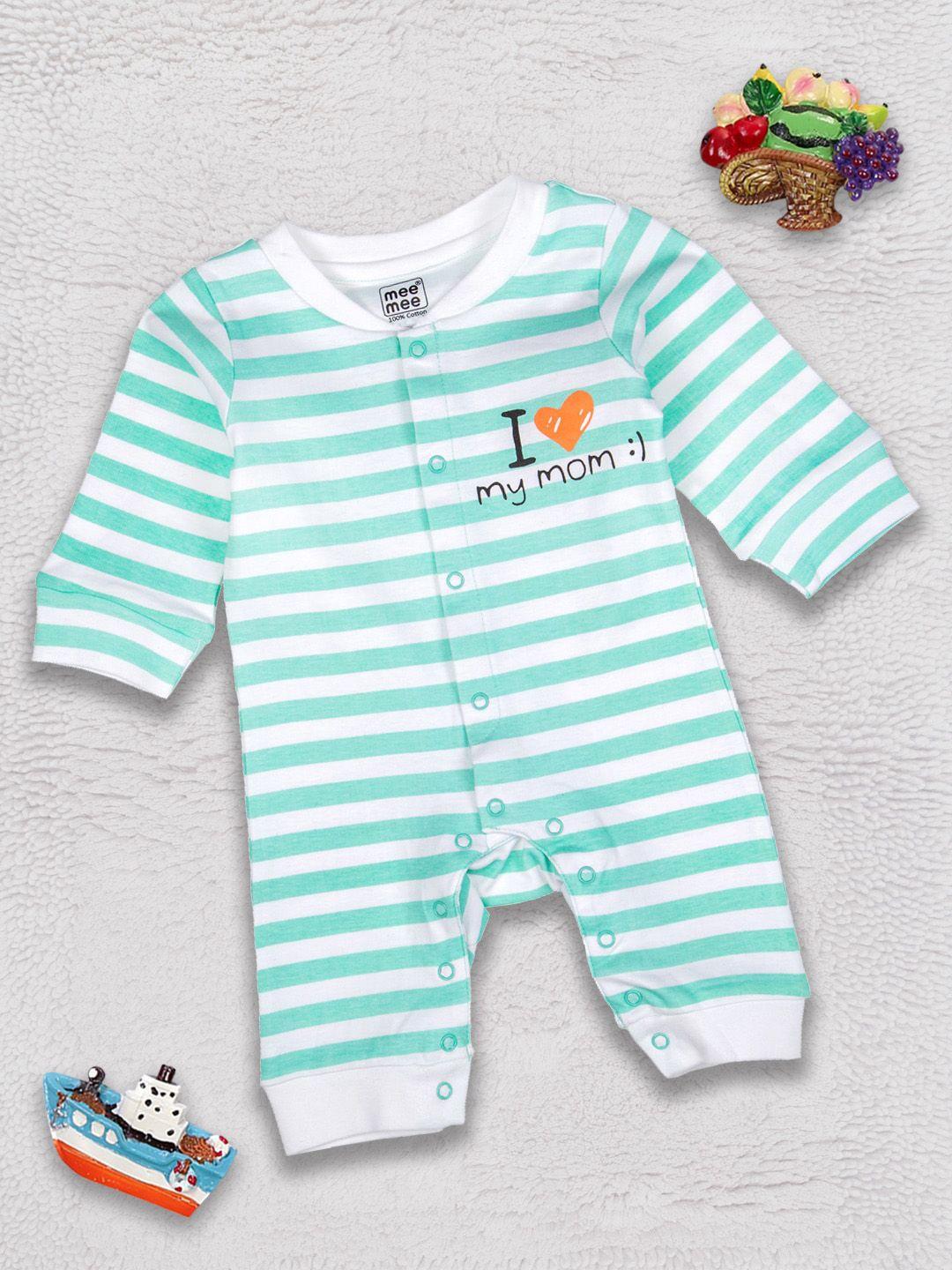 meemee boys green & white striped cotton rompers