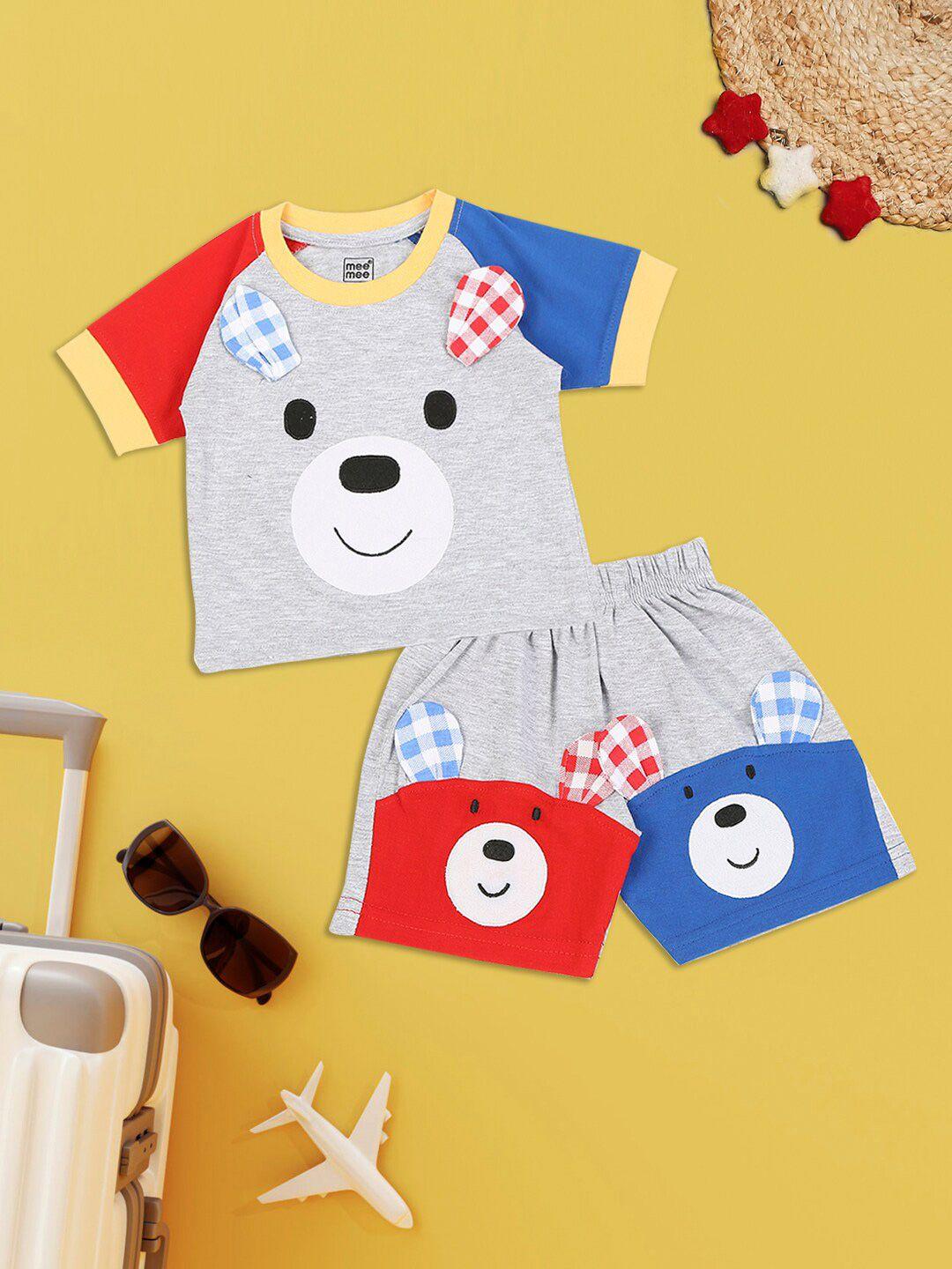 meemee boys grey & red printed pure cotton t-shirt with shorts