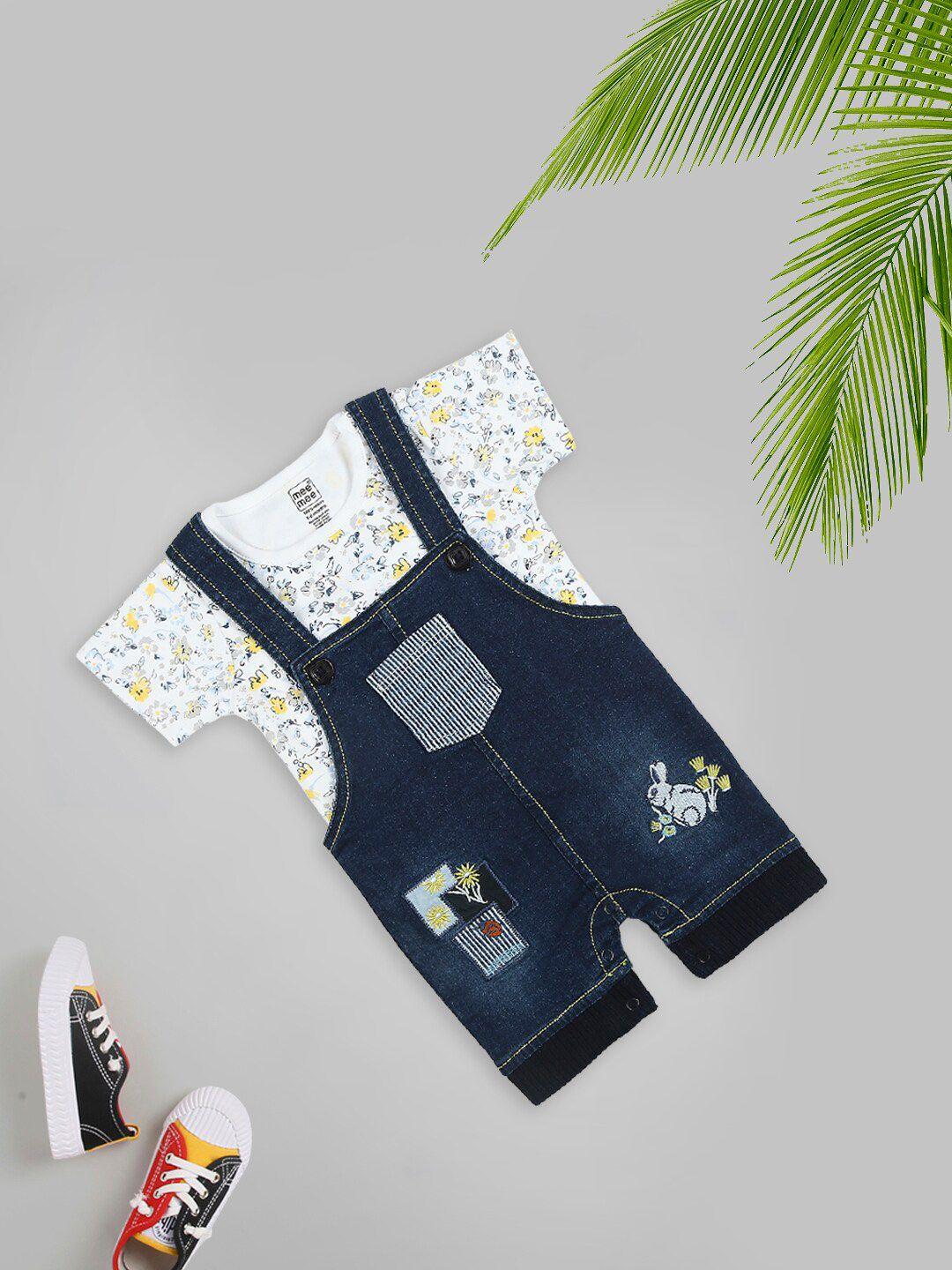 meemee infants embroidered cotton dungaree with t-shirt