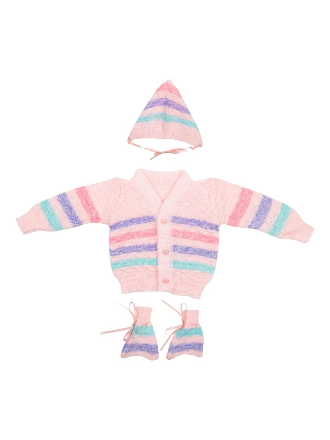 meemee unisex kids pink striped sweater with beanie and socks