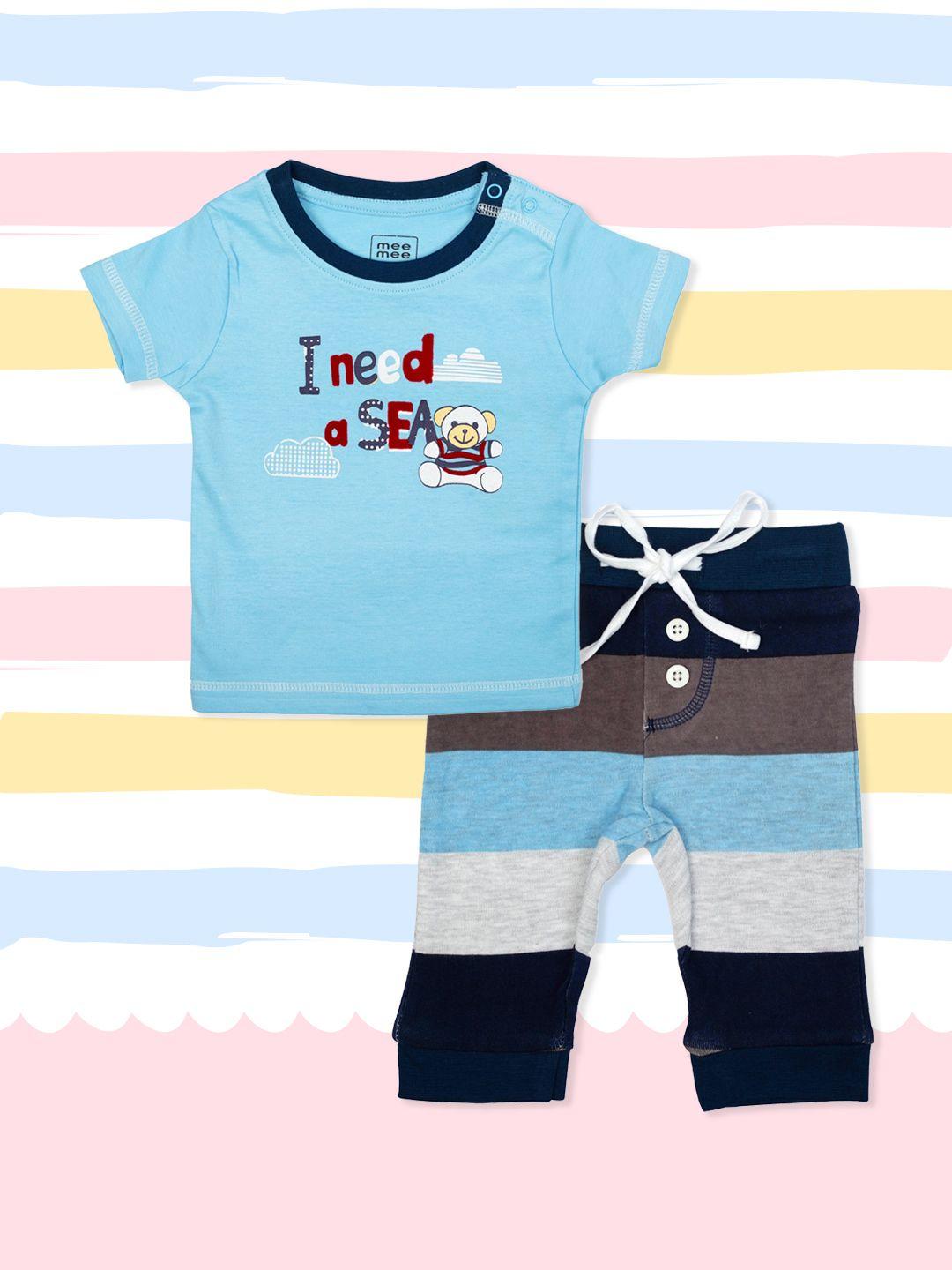 meemee boys blue & brown printed t-shirt with trousers