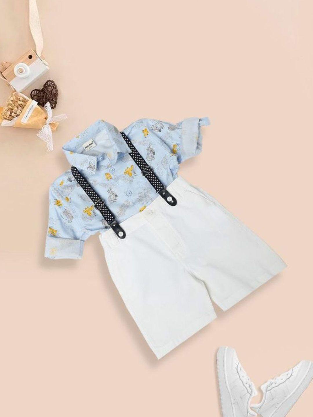 meemee boys blue & white printed shirt with shorts