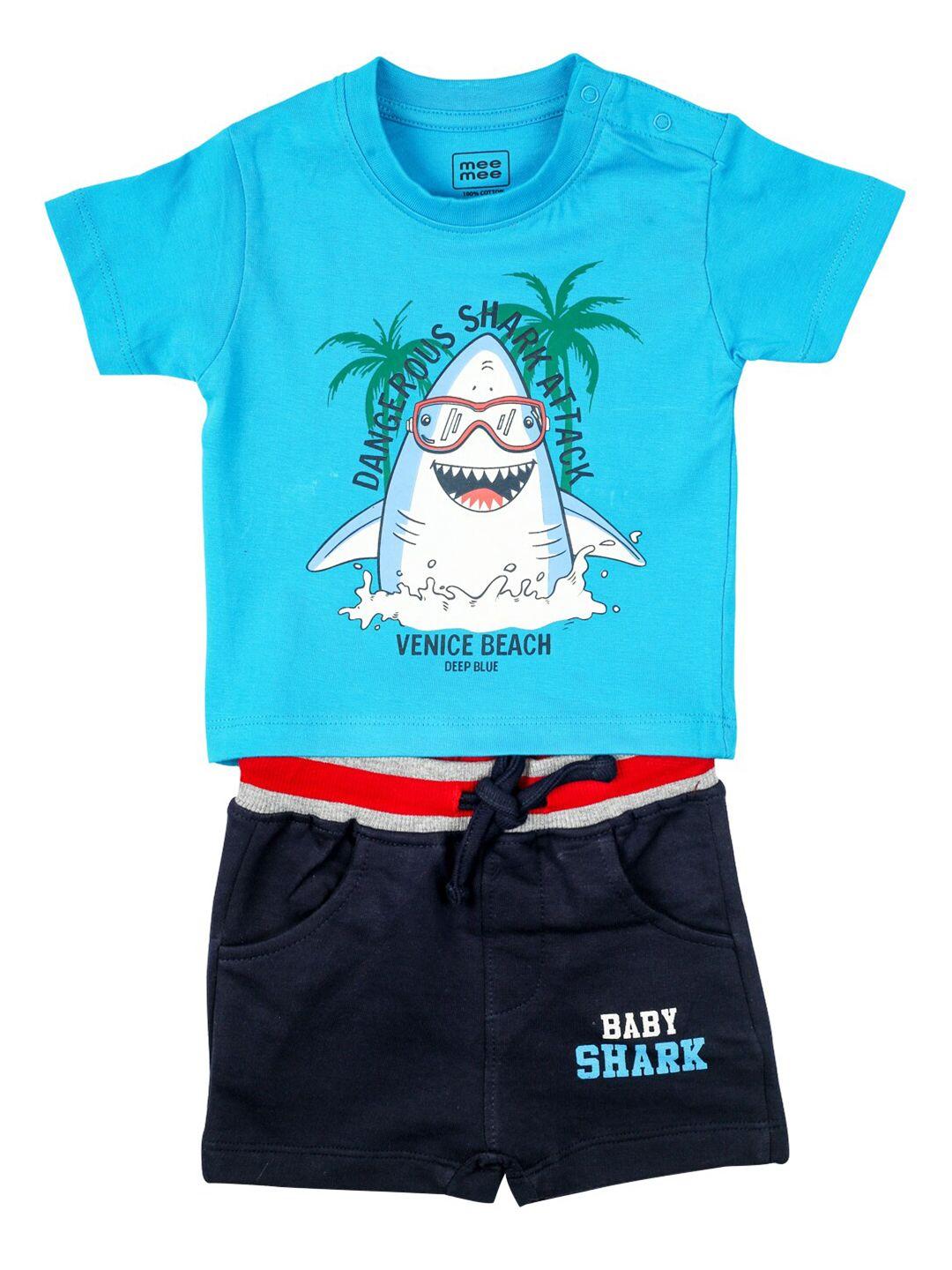 meemee boys blue & white printed t-shirt with shorts