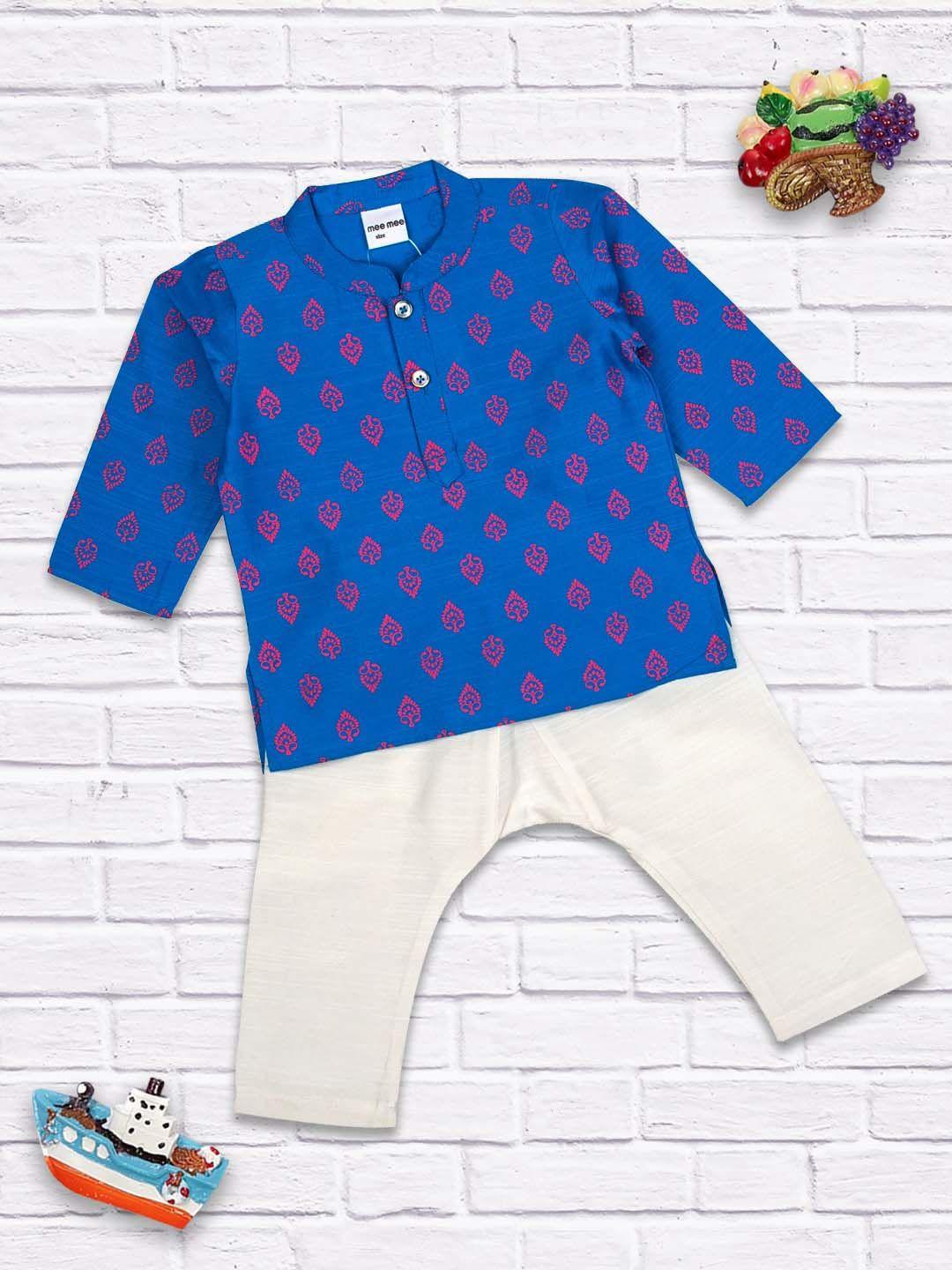 meemee boys blue & white printed winter kurta with pyjamas