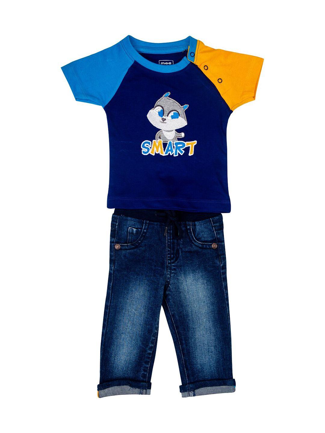 meemee boys blue & yellow pure cotton printed t-shirt with trousers