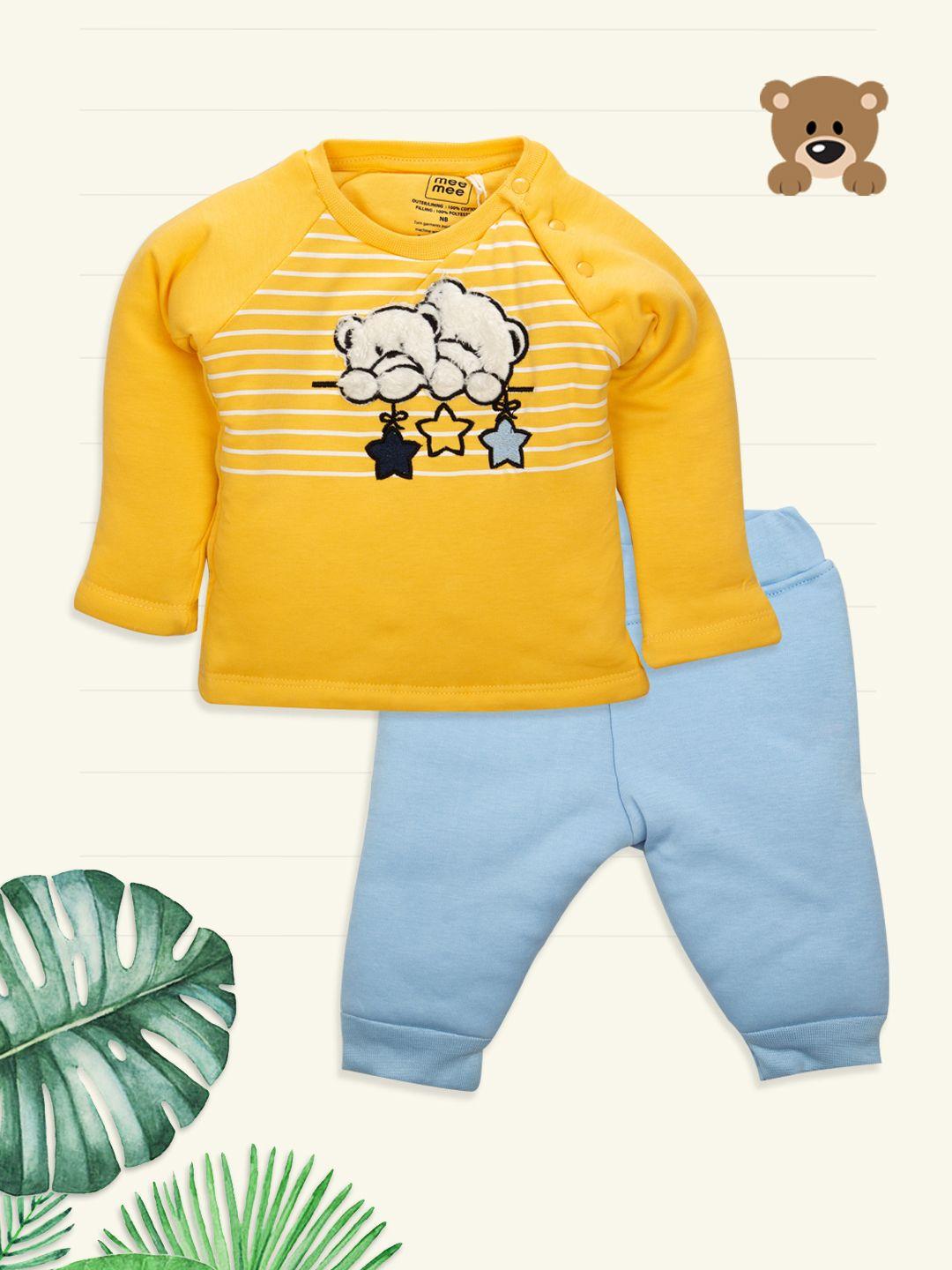 meemee boys blue & yellow striped applique detailed top with trousers