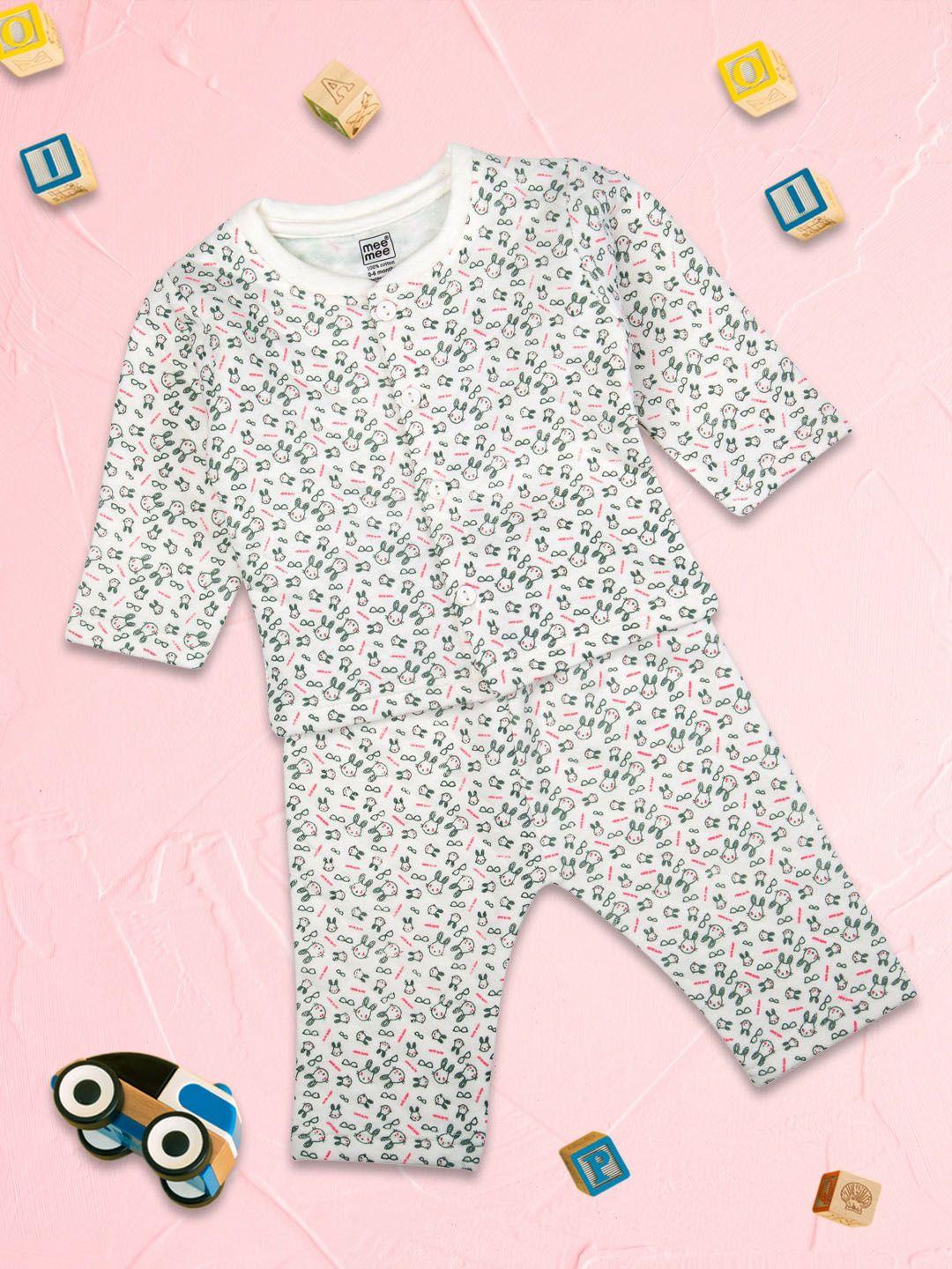 meemee boys cream printed pure cotton night suit