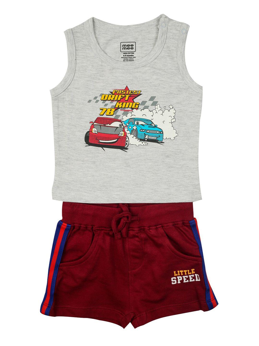 meemee boys grey melange & maroon printed t-shirt with shorts